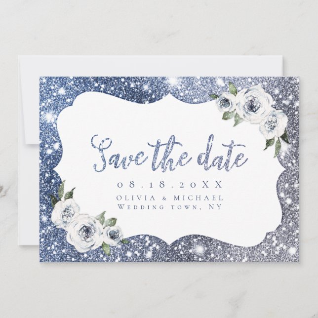 Sparkle blue silver glitter floral Save The Date (Front)