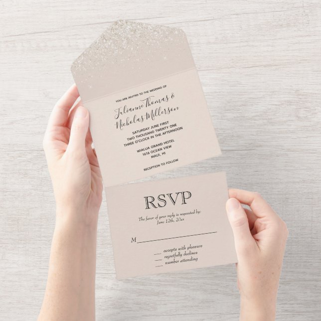 Sparkle Blush Cream Glitz Glitter Wedding      All In One Invitation (Tearaway)