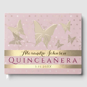 Sparkle Blush Pink Gold Butterflies Quinceanera Guest Book