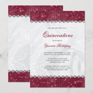 Sparkle Burgundy Glitter Glam Diamond Quinceañera Invitation