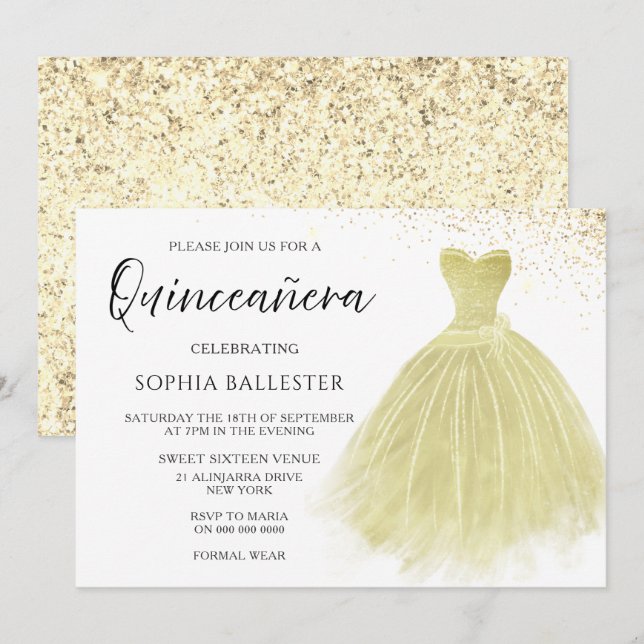 Sparkle Champagne Gown Quinceanera Party Invitation (Front/Back)