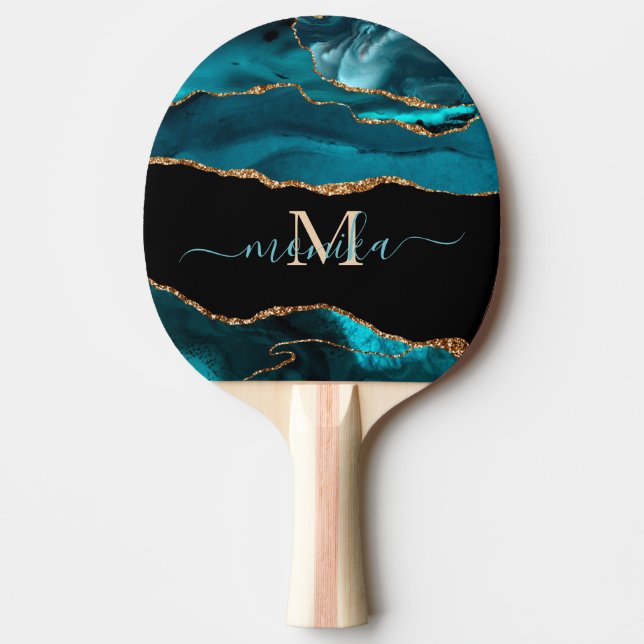 Sparkle Chic girly Teal and Gold Glitter Agate  Ping Pong Paddle (Front)