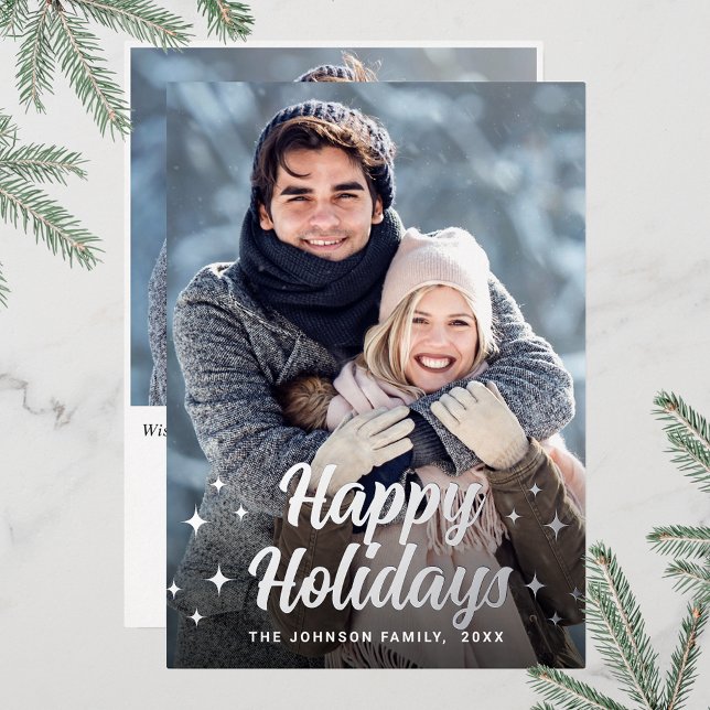Sparkle Christmas 2 PHOTO Greeting Silver Foil Holiday Card (Customizable Christmas holiday greeting photo card with real foil print.)