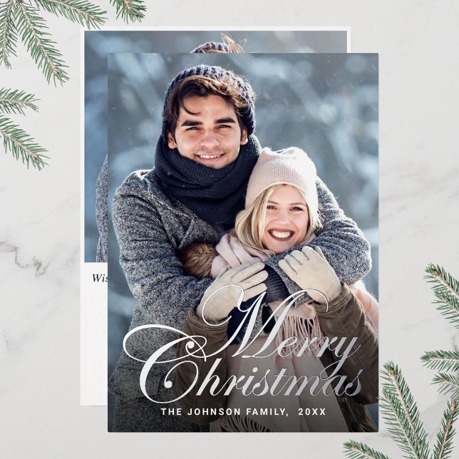 Sparkle Christmas 2 PHOTO Greeting Silver Foil Holiday Card (Customizable Christmas holiday greeting photo card with real foil print.)