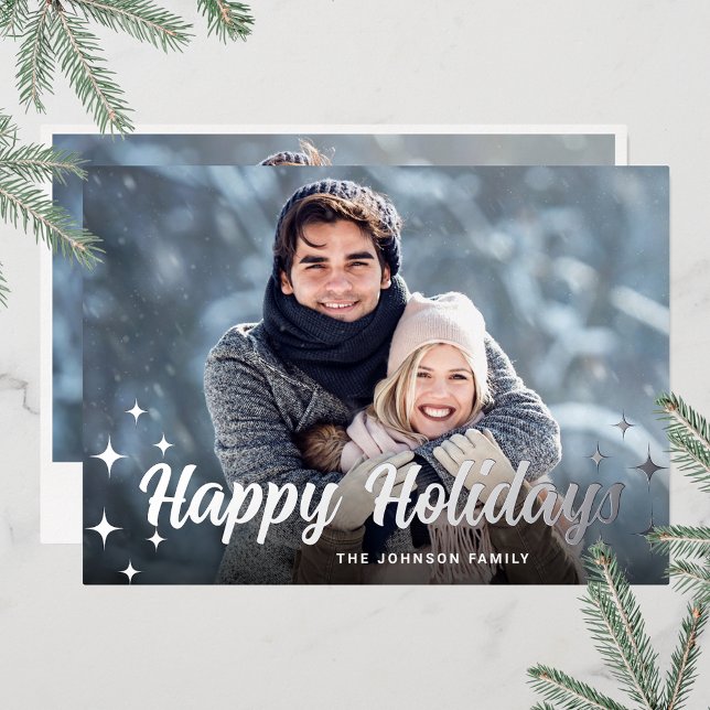 Sparkle Christmas 2 PHOTO Greeting Silver Foil Holiday Card (Customizable Christmas holiday greeting photo card with real foil print.)