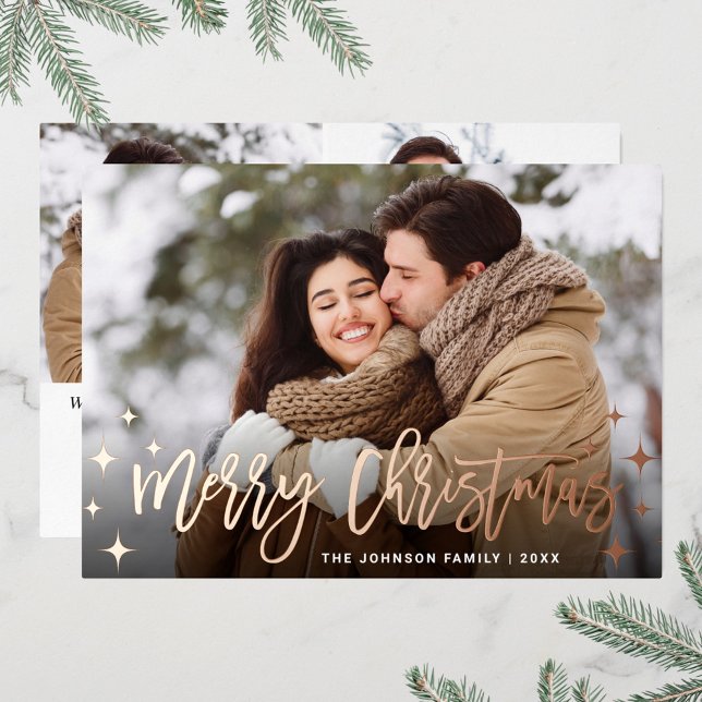 Sparkle Christmas 3 PHOTO Greeting Rose Gold Foil Holiday Card (Creator Uploaded)