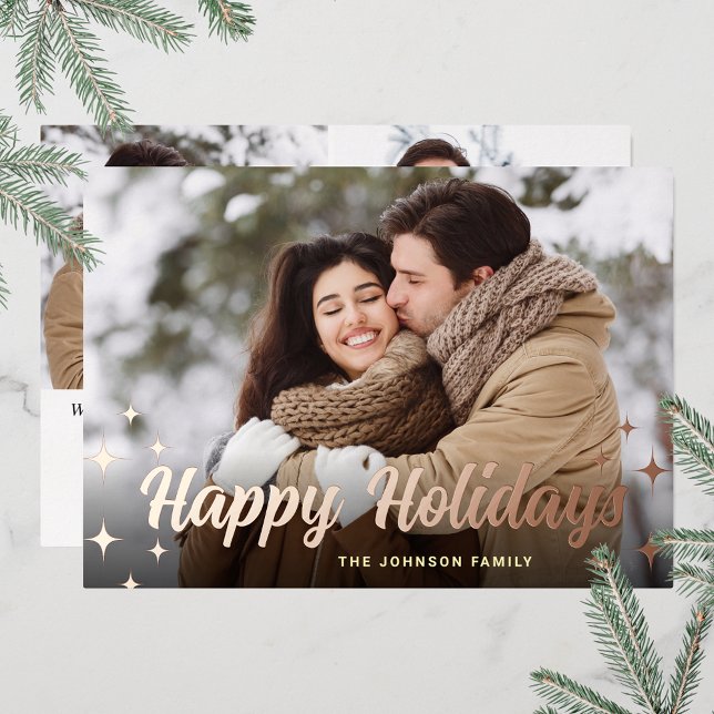 Sparkle Christmas 3 PHOTO Greeting Rose Gold Foil Holiday Card (Customizable Christmas holiday greeting photo card with real foil print.)