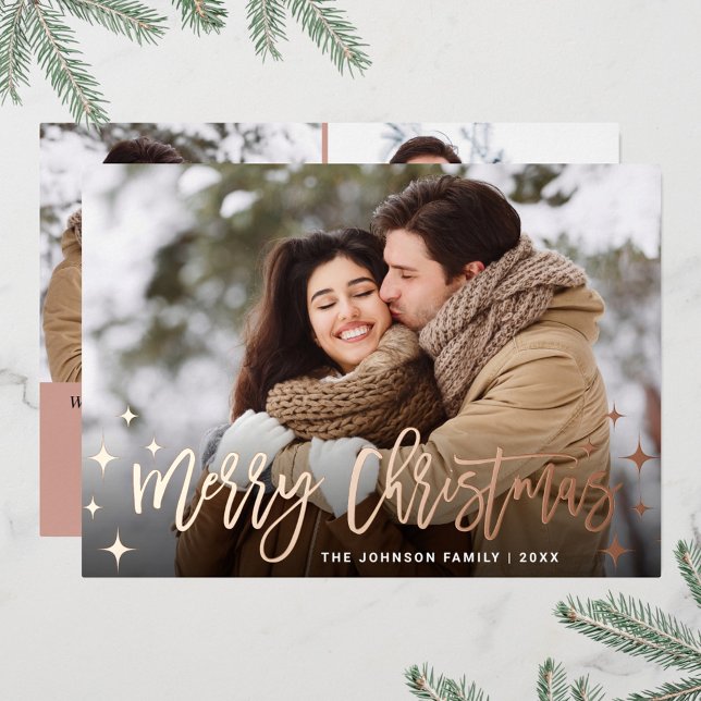 Sparkle Christmas 3 PHOTO Greeting Rose Gold Foil Holiday Card (Creator Uploaded)