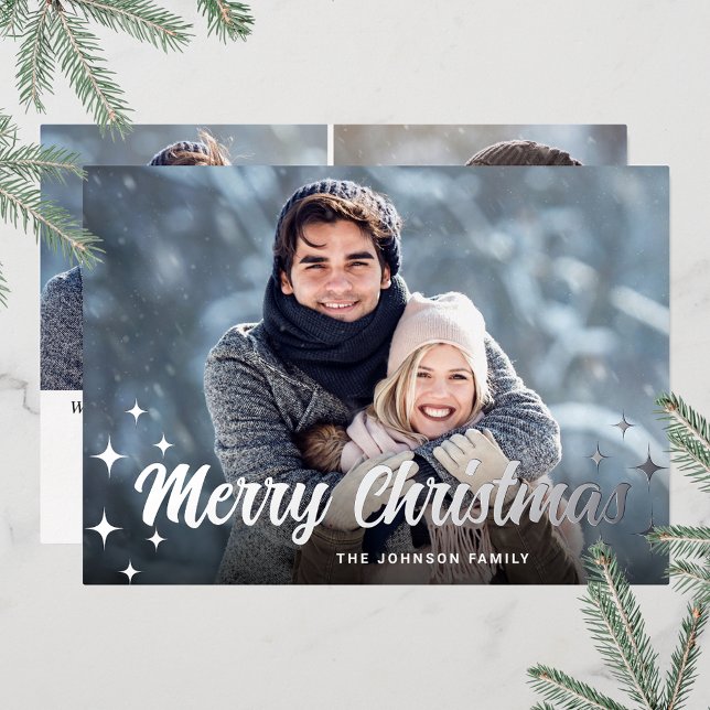 Sparkle Christmas 3 PHOTO Greeting Silver Foil Holiday Card (Customizable Christmas holiday greeting photo card with real foil print.)