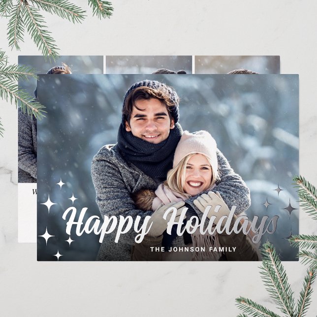 Sparkle Christmas 4 PHOTO Greeting Silver Foil Holiday Card (Customizable Christmas holiday greeting photo card with real foil print.)