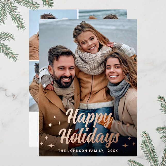Sparkle Christmas 5 PHOTO Greeting Rose Gold Foil Holiday Card (Creator Uploaded)