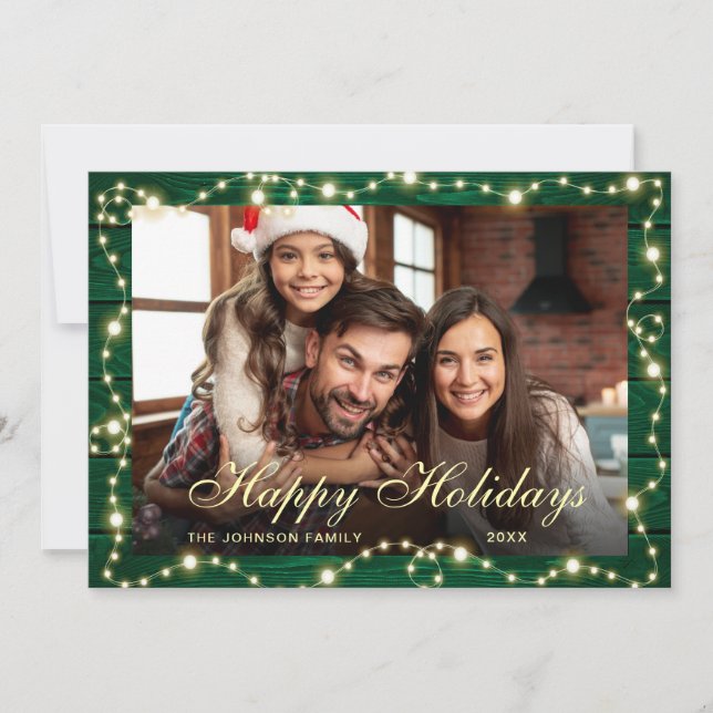 Sparkle Christmas Lights Rustic PHOTO Greeting Holiday Card (Front)