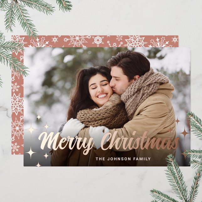 Sparkle Christmas PHOTO Greeting Rose Gold Foil Holiday Card (Customizable Christmas holiday greeting photo card with real foil print.)
