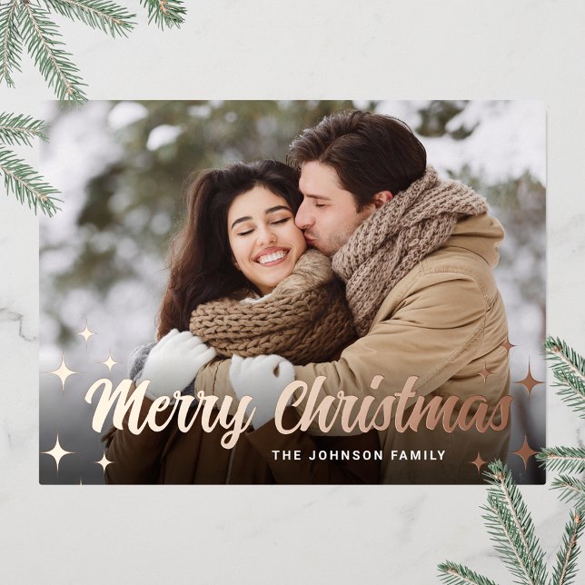 Sparkle Christmas PHOTO Greeting Rose Gold Foil Holiday Postcard (Customizable Christmas holiday greeting photo card with real foil print.)