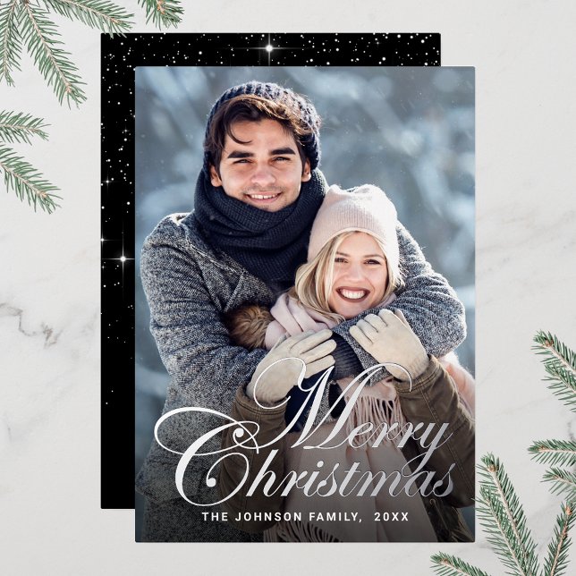 Sparkle Christmas PHOTO Greeting Silver Foil Holiday Card (Customizable Christmas holiday greeting photo card with real foil print.)