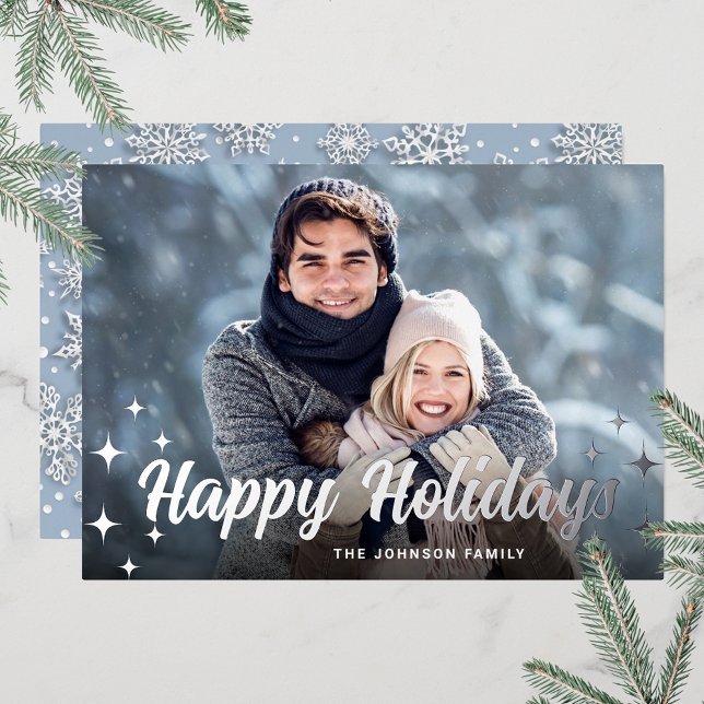 Sparkle Christmas PHOTO Greeting Silver Foil Holiday Card (Customizable Christmas holiday greeting photo card with real foil print.)