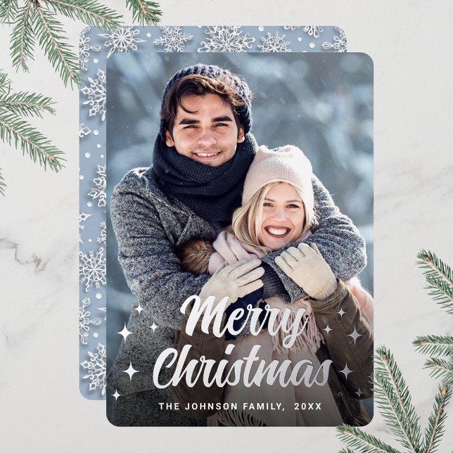 Sparkle Christmas PHOTO Greeting Silver Foil Holiday Card (Customizable Christmas holiday greeting photo card with real foil print.)