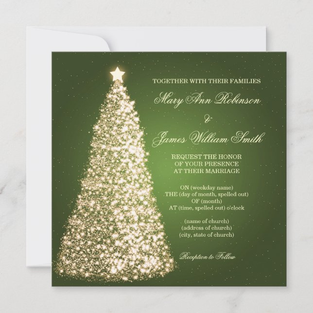 Sparkle Christmas Wedding Gold Green Invitation (Front)