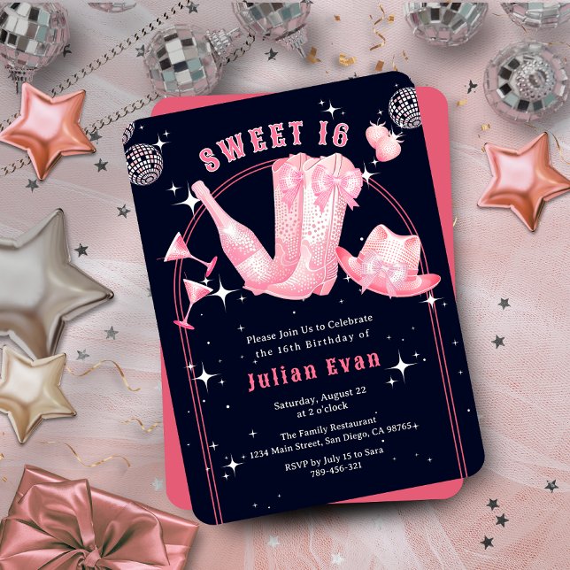 Sparkle Cowgirl Navy Blue & Pink Sweet 16 Birthday Invitation (Sparkle Cowgirl Navy Blue & Pink Sweet 16 Birthday Invitation)