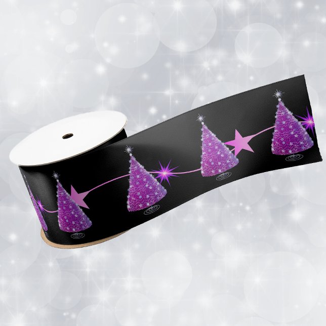 Sparkle Dark pink Silver Christmas Tree Star Black Satin Ribbon (Sparkle pink and silver Christmas trees string pink stars on black holiday gift wrap ribbon.)
