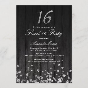 Sparkle Diamond black silver Sweet 16 Invite