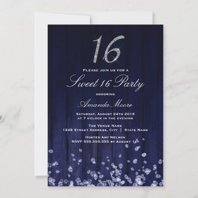 Sparkle Diamond Blue Silver Sweet 16 Invite (Front)