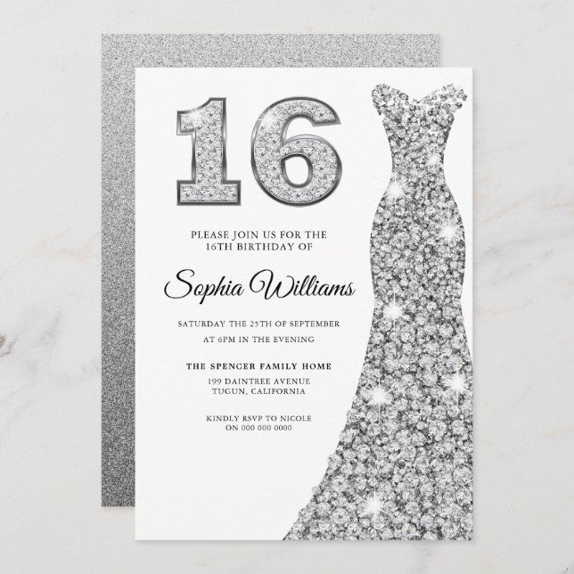 Sparkle Diamond Dress 16th Birthday Sweet 16 Invitation (Front/Back)