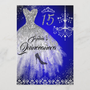 Sparkle Diamond Dress Blue Silver Quinceanera Invitation