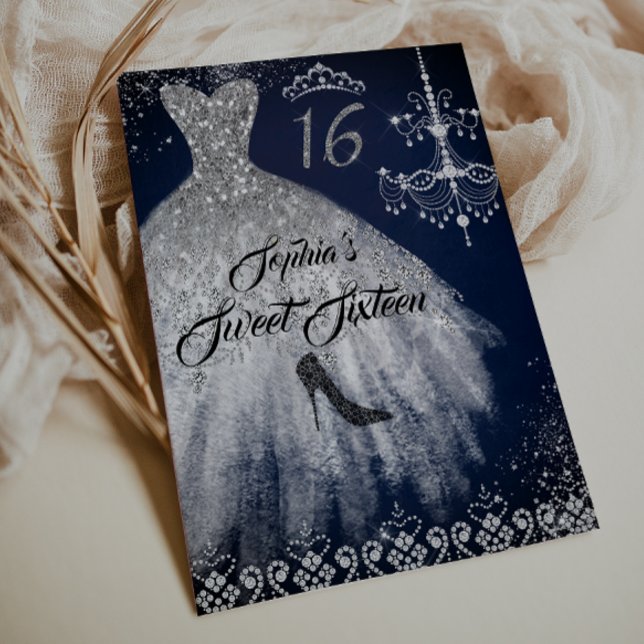 Sparkle Diamond Dress Navy Silver Sweet 16 Invitation (Creator Uploaded)