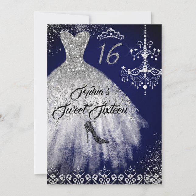 Sparkle Diamond Dress Navy Sweet 16 Invitation (Front)