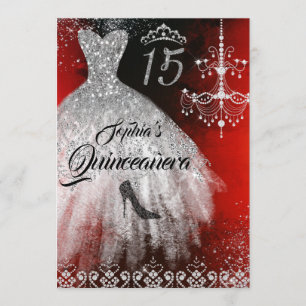 Sparkle Diamond Dress Red Silver Black Quinceanera Invitation
