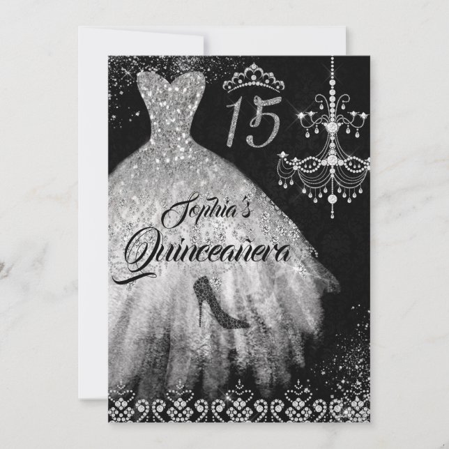 Sparkle Diamond Dress Silver Black Quinceanera Invitation (Front)