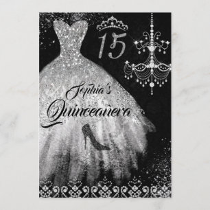 Sparkle Diamond Dress Silver Black Quinceanera Invitation