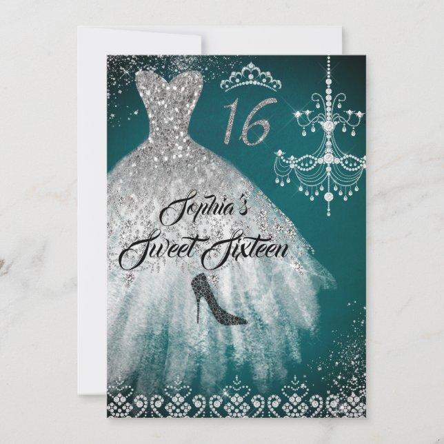 Sparkle Diamond Dress Teal Silver Sweet 16 Invitation (Front)