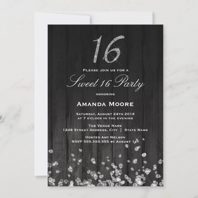 Sparkle Diamond Silver Black Sweet 16 Invite (Front)