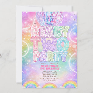 Sparkle Disco Ball Pastel Rainbow Second Birthday Invitation