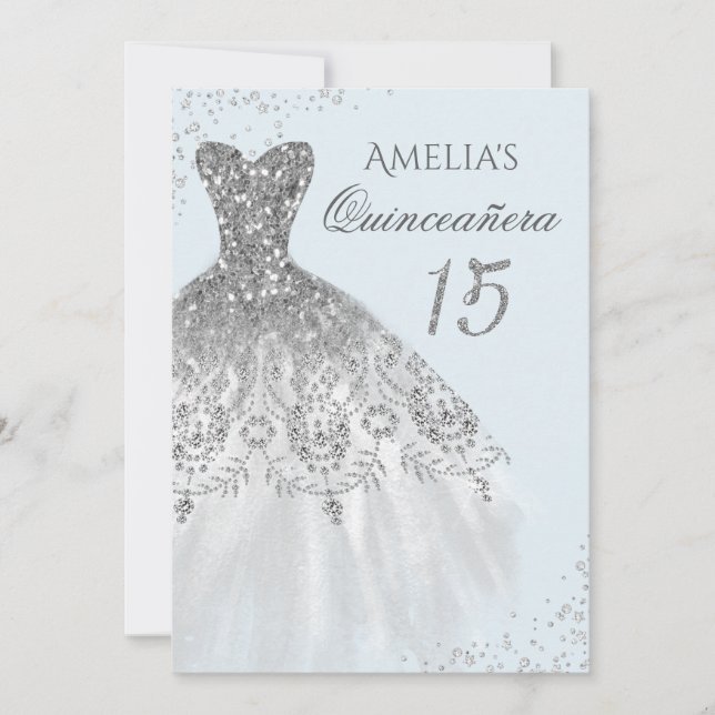 Sparkle Dress Blue Silver Quinceanera Invitation (Front)