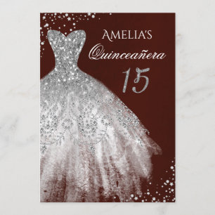 Sparkle Dress Burgundy Silver Quinceanera Invitation