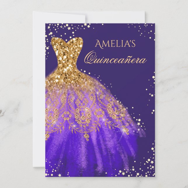 Sparkle Dress Gold Purple Quinceanera Invitation (Front)