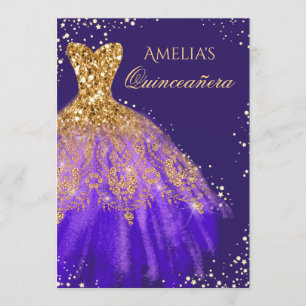 Sparkle Dress Gold Purple Quinceanera Invitation