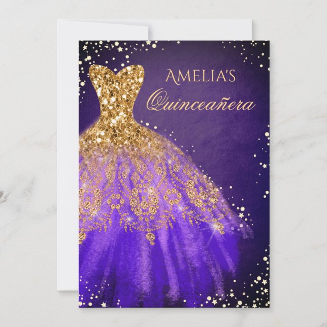 Sparkle Dress Purple Gold Quinceanera Invitation (Front)