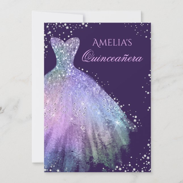 Sparkle Dress Rainbow Quinceanera Invitation (Front)
