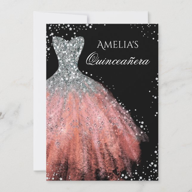 Sparkle Dress Silver Pink Quinceanera Invitation (Front)