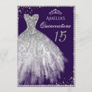 Sparkle Dress Silver Purple Quinceanera Invitation