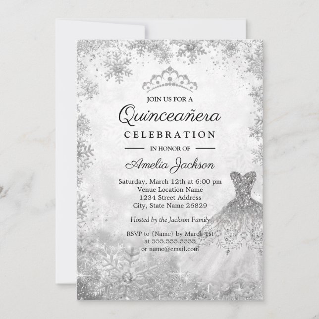 Sparkle Dress Snowflakes Winter Quinceanera Invitation (Front)