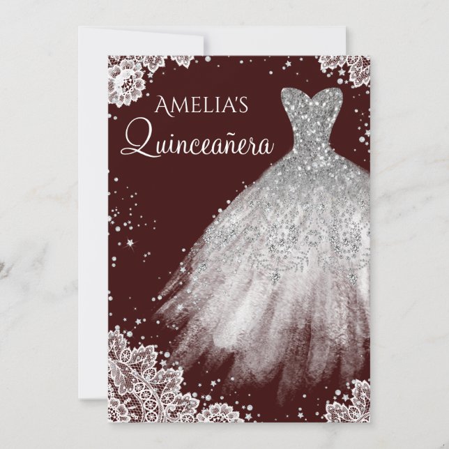 Sparkle Dress White Lace Burgundy Quinceanera Invitation (Front)