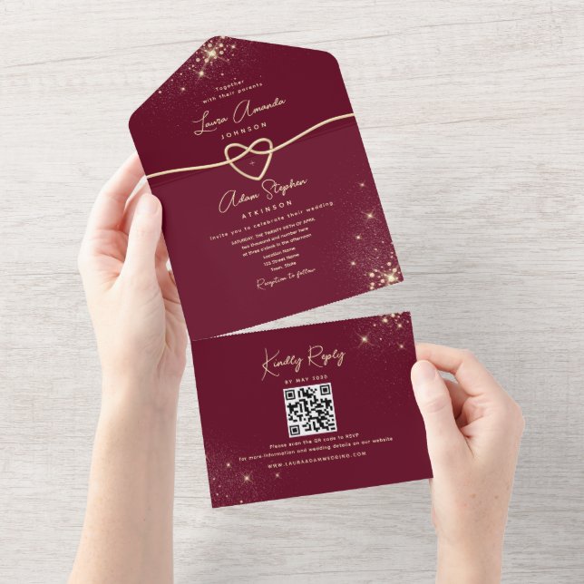 Sparkle Elegant Burgundy and Gold Wedding All In One Invitation (Tearaway)