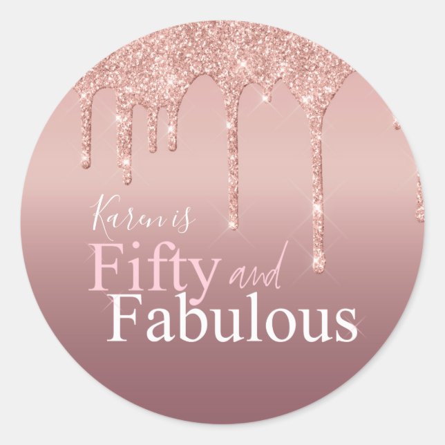Sparkle Fifty and Fabulous Pink Glitter Birthday Classic Round Sticker (Front)