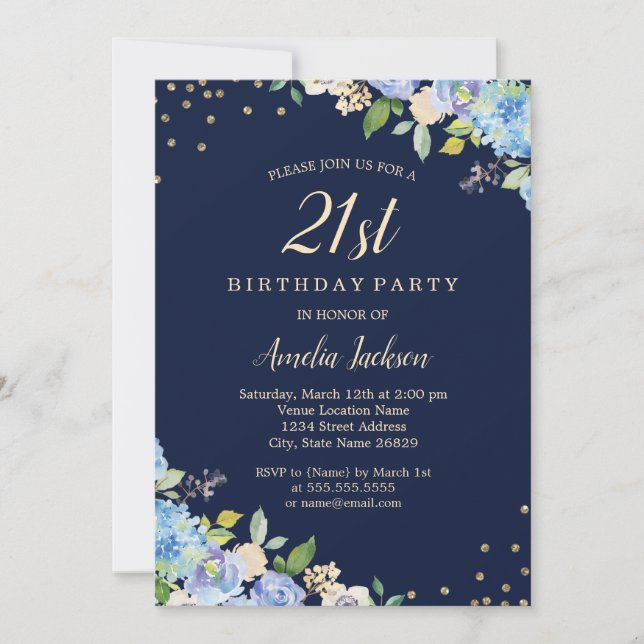 Sparkle Floral Blue 21st Birthday Party Invitation (Front)