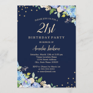 Sparkle Floral Blue 21st Birthday Party Invitation